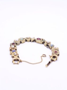 Vintage Unsigned Goldette Victorian Revival Rhinestone Faux Pearl Slide Bracelet